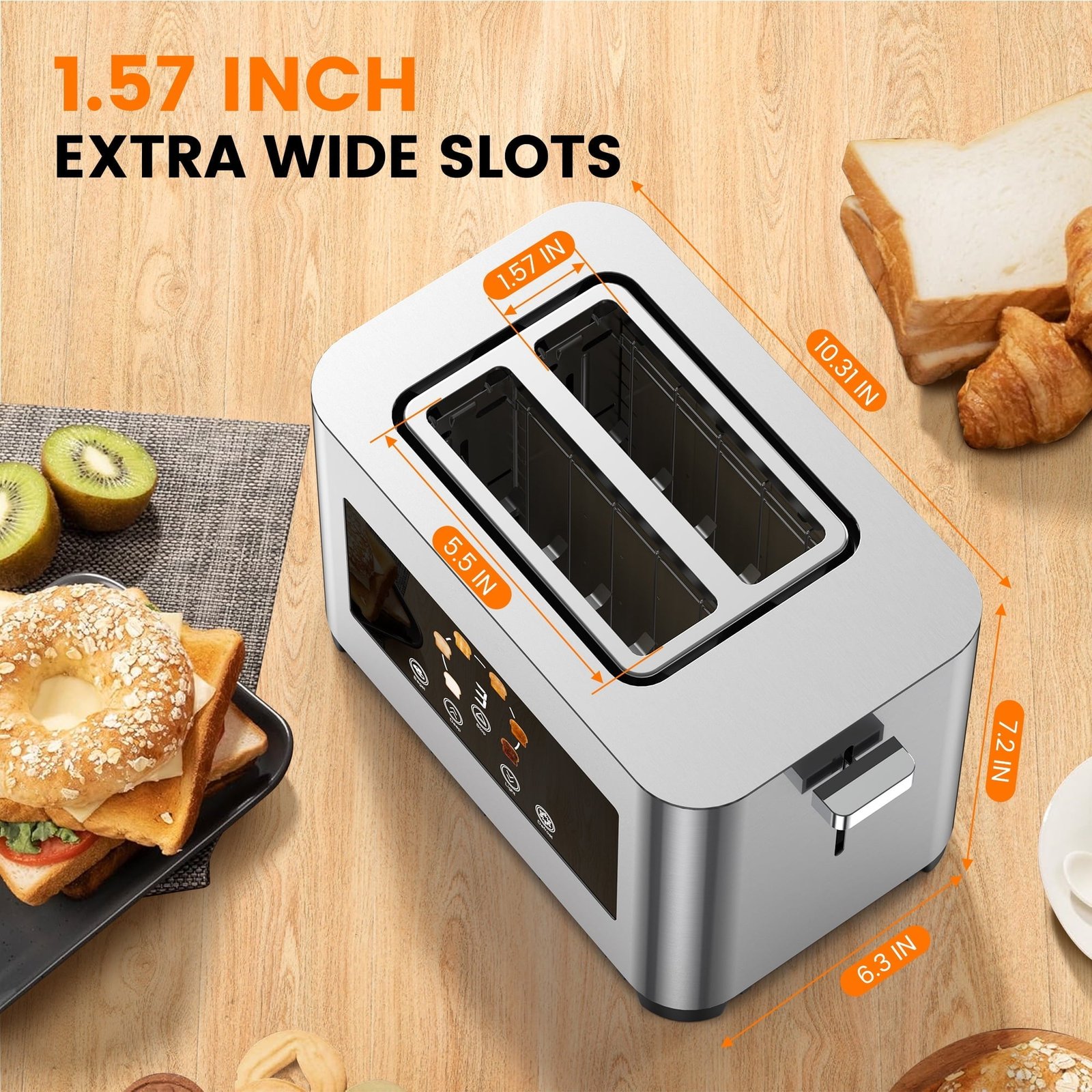 Suodoka Toaster 2 Slice Wide Slots Touchscreen 6 Shade Settings, Stainless Steel Bread Toaster with Reheat, Cancel, Defrost,New