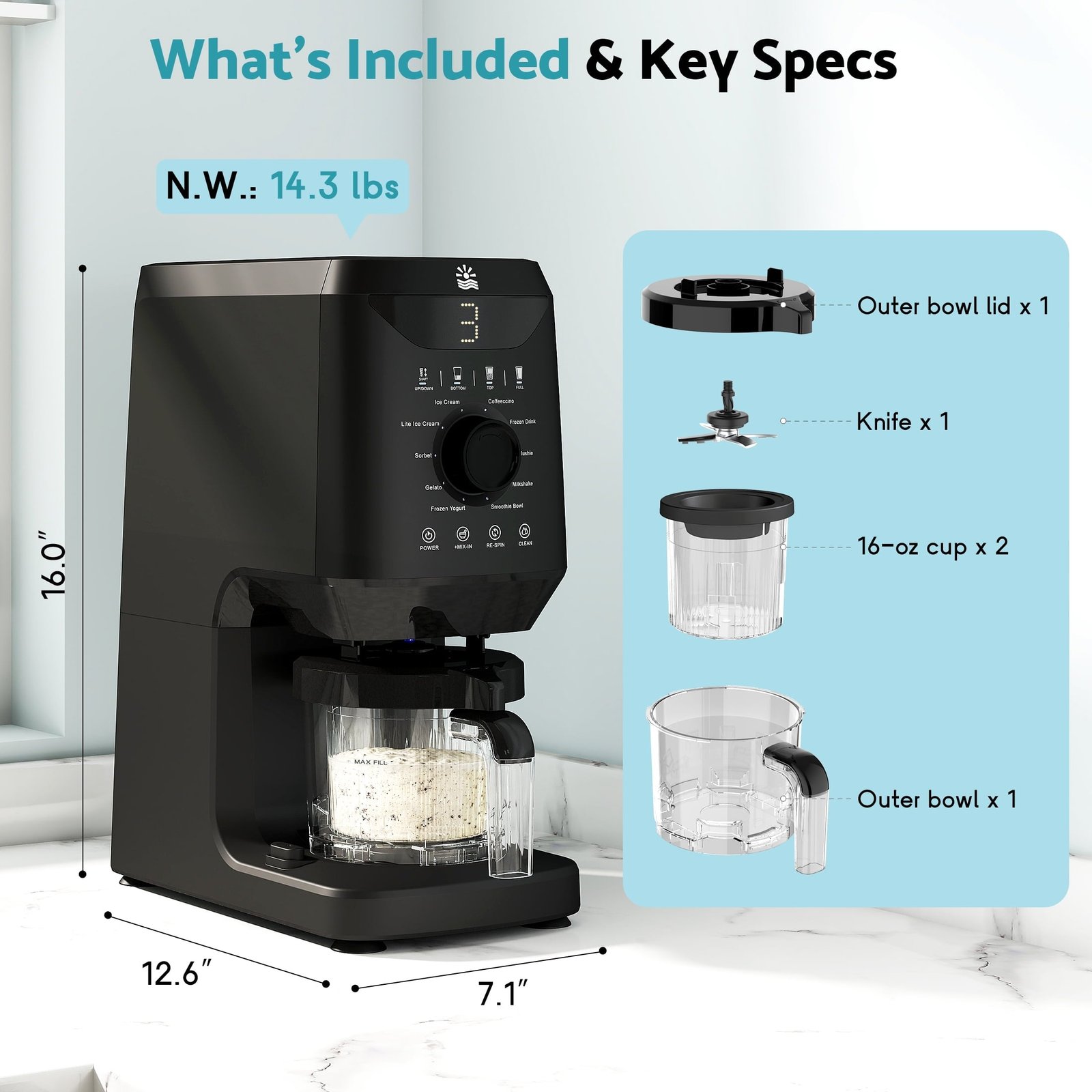 Flamemore 12-in-1 Ice Cream Maker with (2) Pint Containers & Lids, Self Cleaning, 1500W Frozen Yogurt Machine for Milkshake, Sorbet, Black