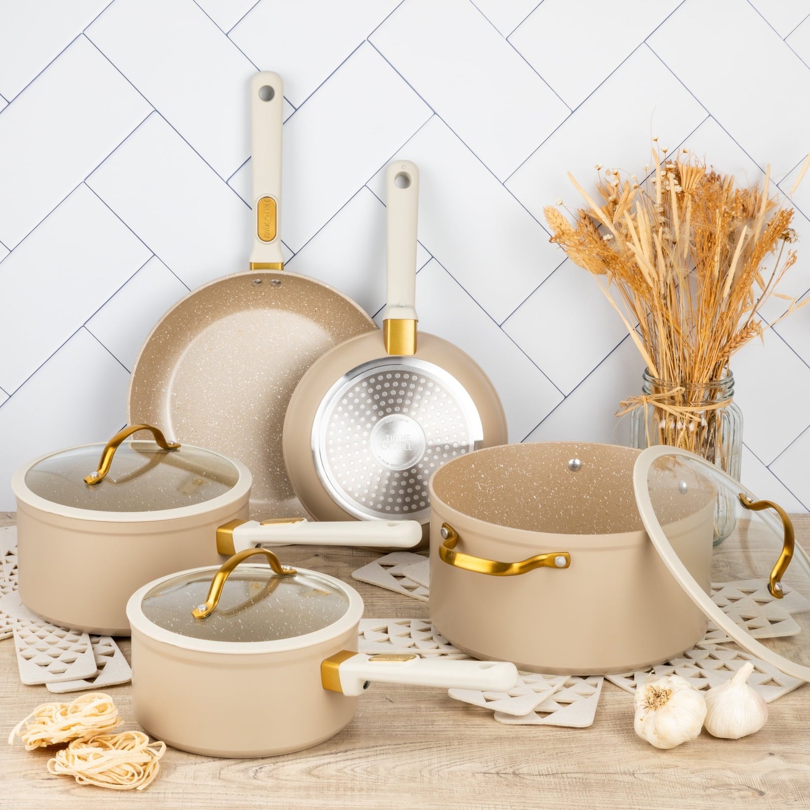 Thyme & Table 12-Piece Non-Stick Granite Collection Cookware Set, Pots and Pans Set - Taupe & Gold