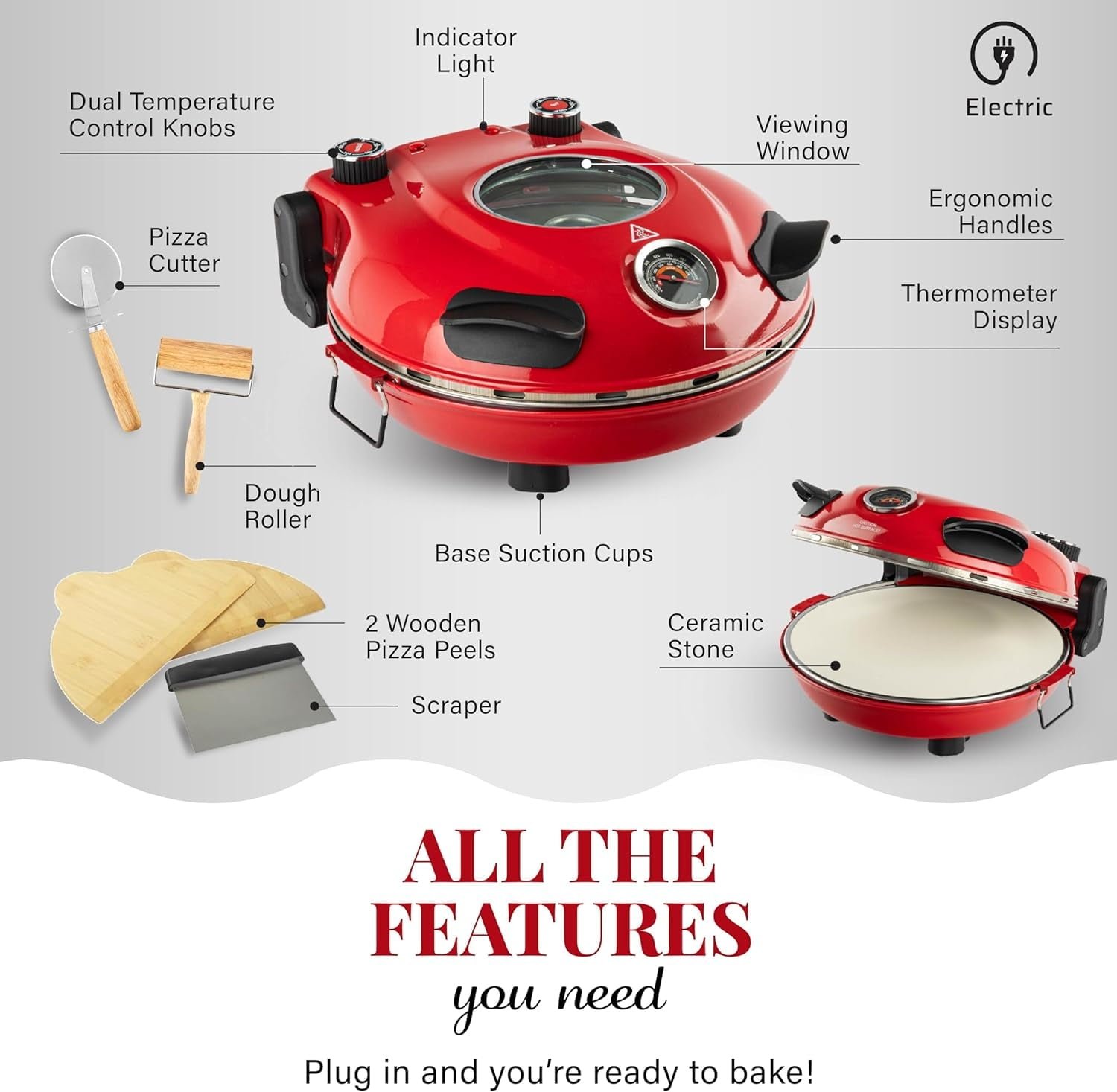 Piezano Pizza Oven Exclusive Bundle with Pizza Cutter + Dough Roller by Granitestone, Electric Indoor Portable, 12 Inch Indoor Pizza Oven Countertop Heats up to 800˚F As Seen on TV Products