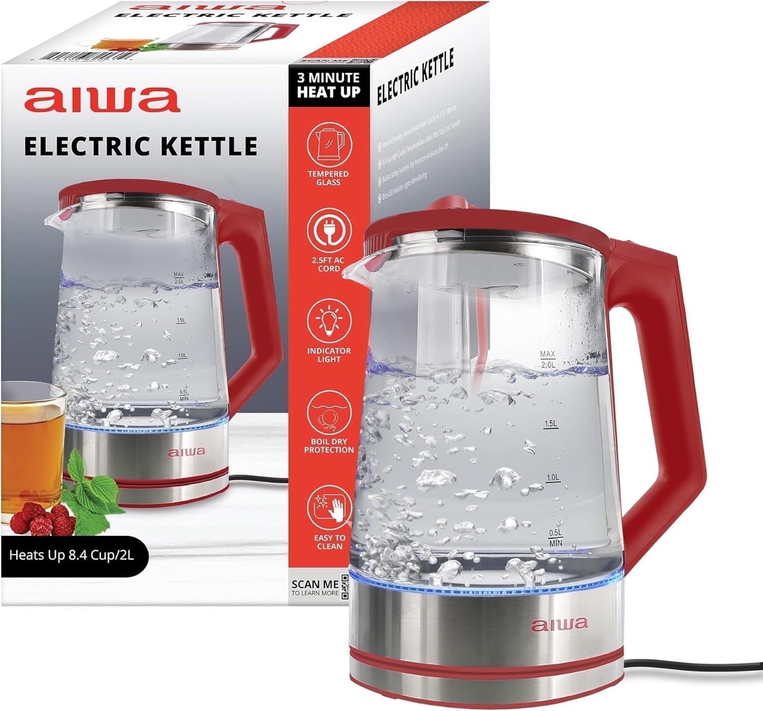 Aiwa 2-Liter Glass Electric Water Kettle, Cordless Hot Water Boiler with Auto-Shutoff, Red