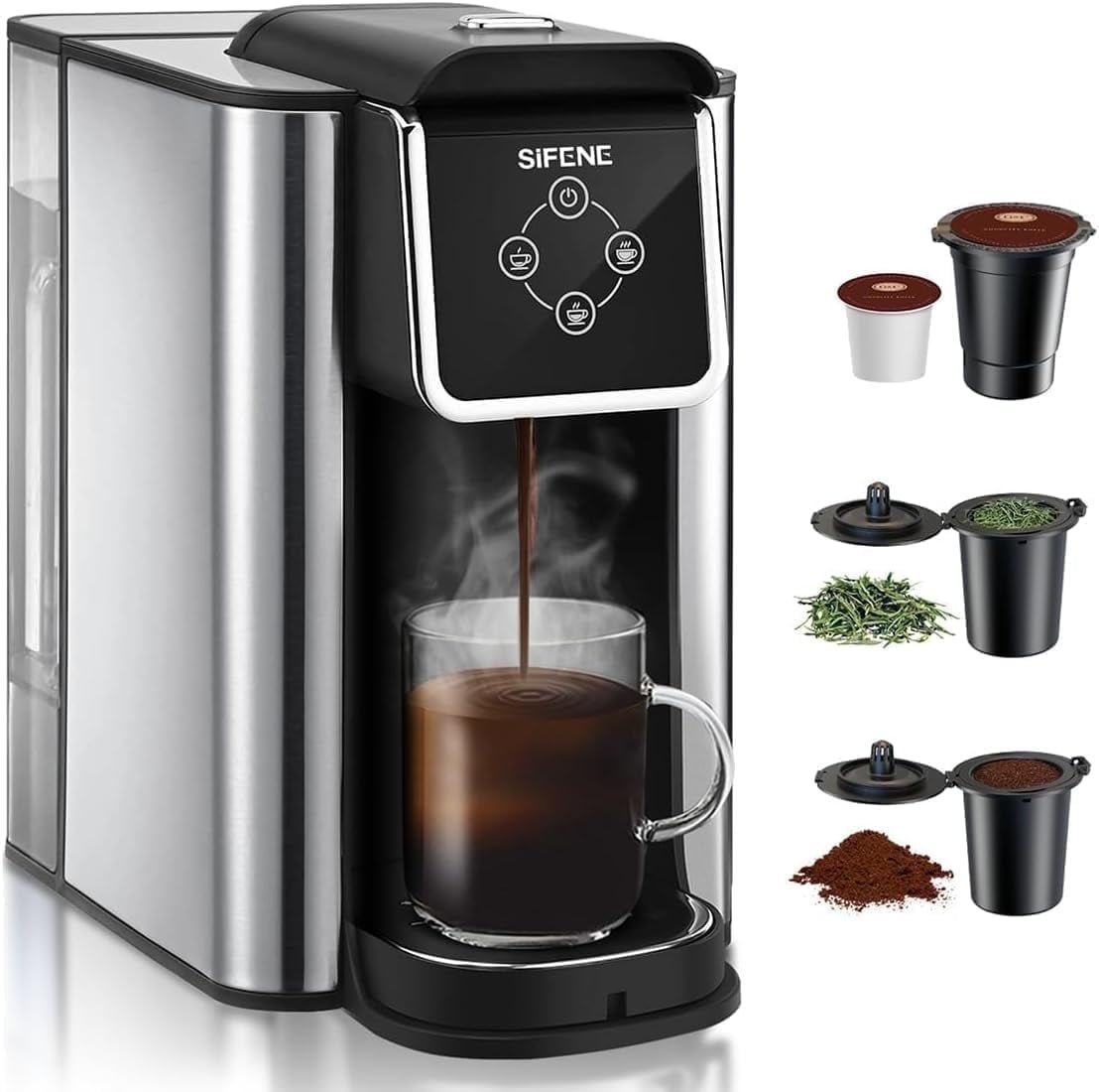 SIFENE 3 in 1 Single Serve Coffee Maker: Coffee Machine Compatible with K Cup Capsules & Grounds, Instant Coffee Pot, Tea Maker Brewer - Removable 50 Oz Water Reservoir, 120V 1150W, Black