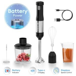 WHALL Cordless Immersion Blender, Rechargeable 5-in-1 Handheld Blender with Whisk, Milk Frother Attachments, Portable Stick mixed,700ml Beaker, 500ml Chopper