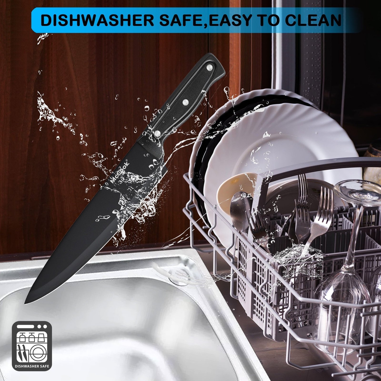 McCook DISHWASHER SAFE MC701 black Knife Sets of 26, Stainless Steel Kitchen Knives Block Set with Built-in Knife Sharpener, Measuring Cups and Spoons