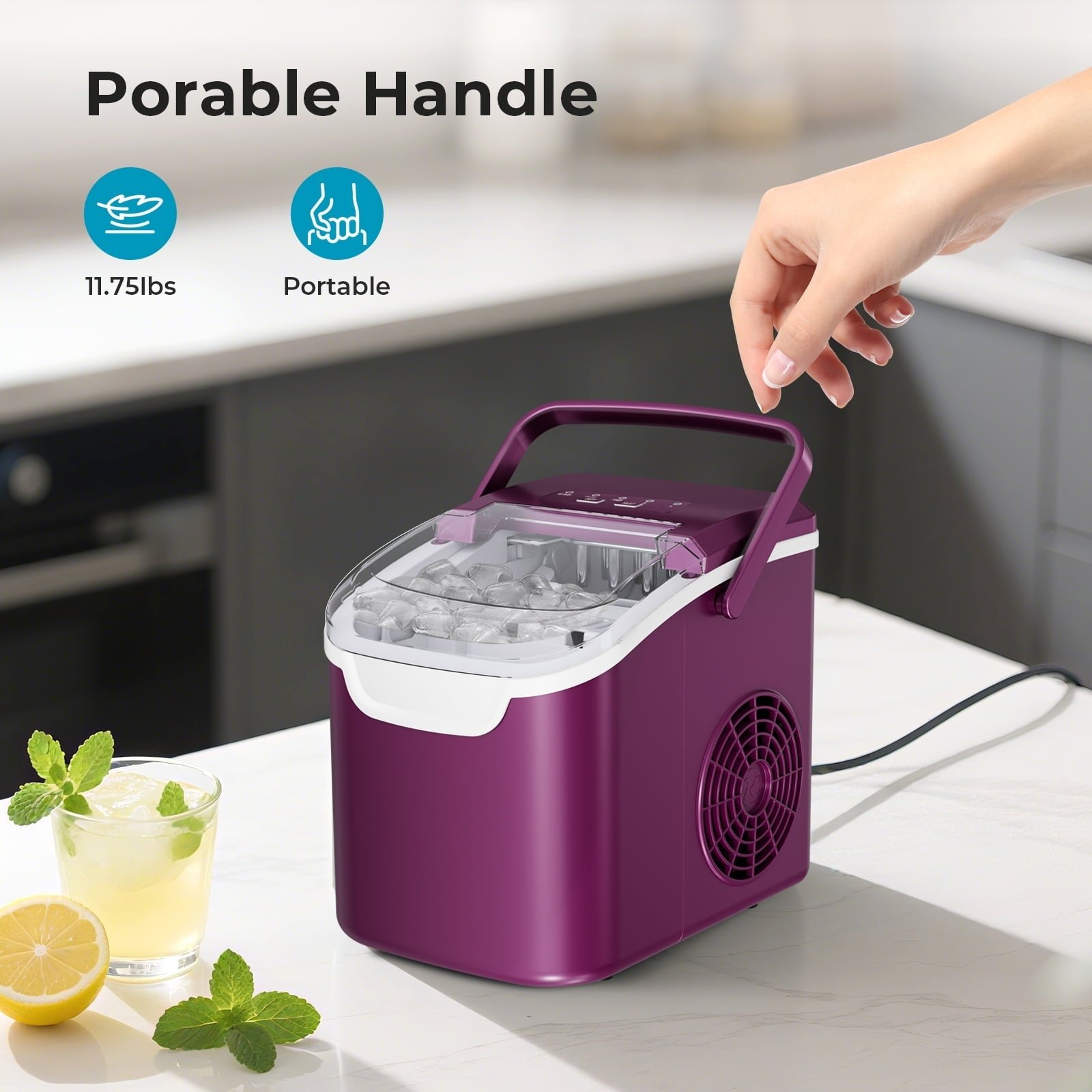 WAA Ice Makers Countertop, 26.5Lbs/Day, Quiet Portable Mini Ice Machine, Purple