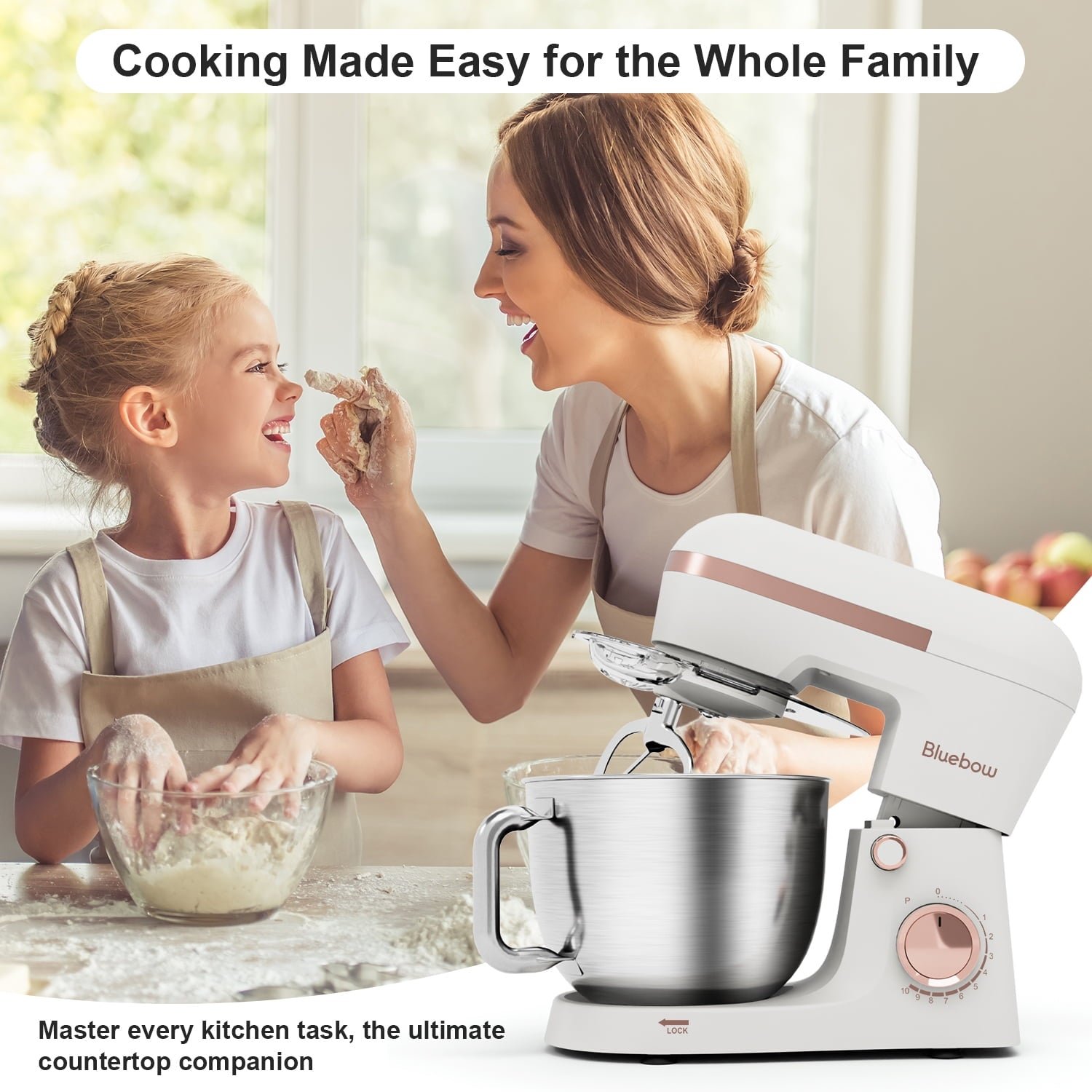 Bluebow 6.5QT Stand Mixer, 10+P Speeds Powerful Electric Kitchen Mixer with Dough Hook, Beater, Whisk, Food Mixer for Baking, Cooking, White