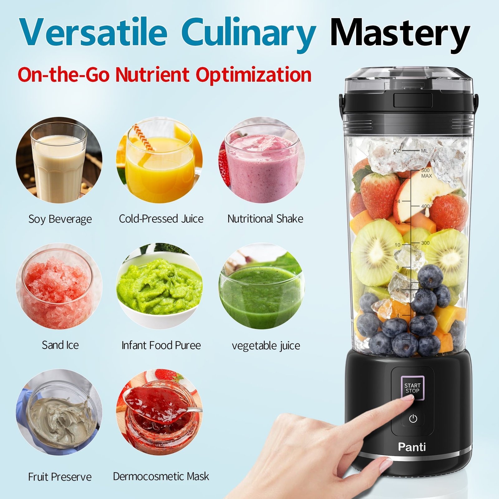 Panti Portable Blender, Cordless, 18oz. USB-C Rechargeable Personal Blender for Shakes & Smoothies, BPA Free, Cover with Handle, USB-C Rechargeable, Dishwasher Safe Parts, Black