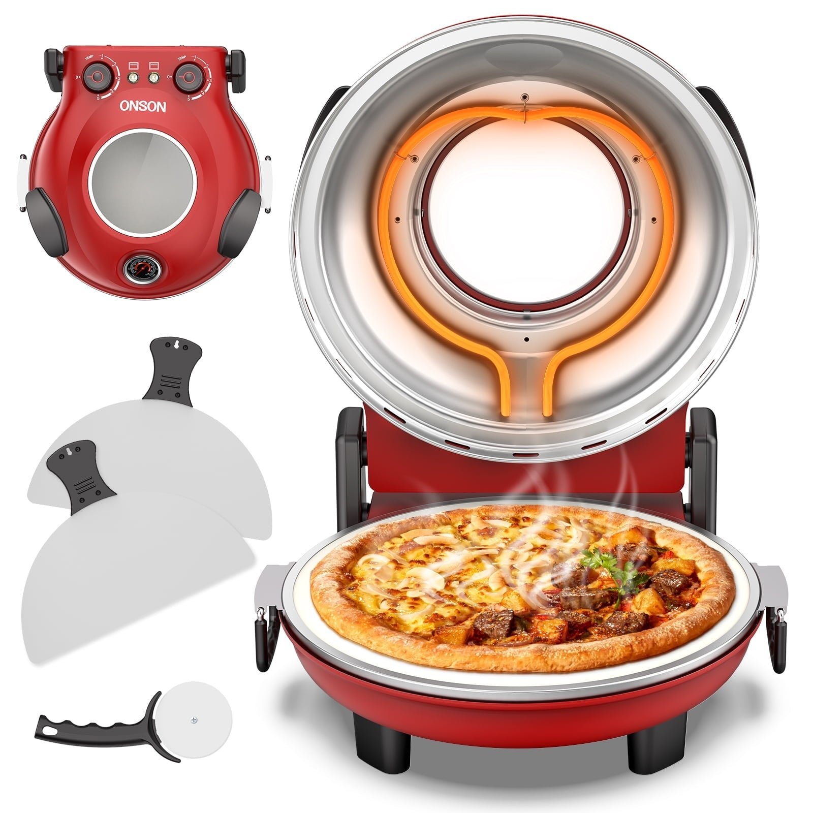 ONSON 12-Inch Pizza Maker with Ceramic Stone, Heats up to 800°F, Countertop Pizza Oven for Home, Red
