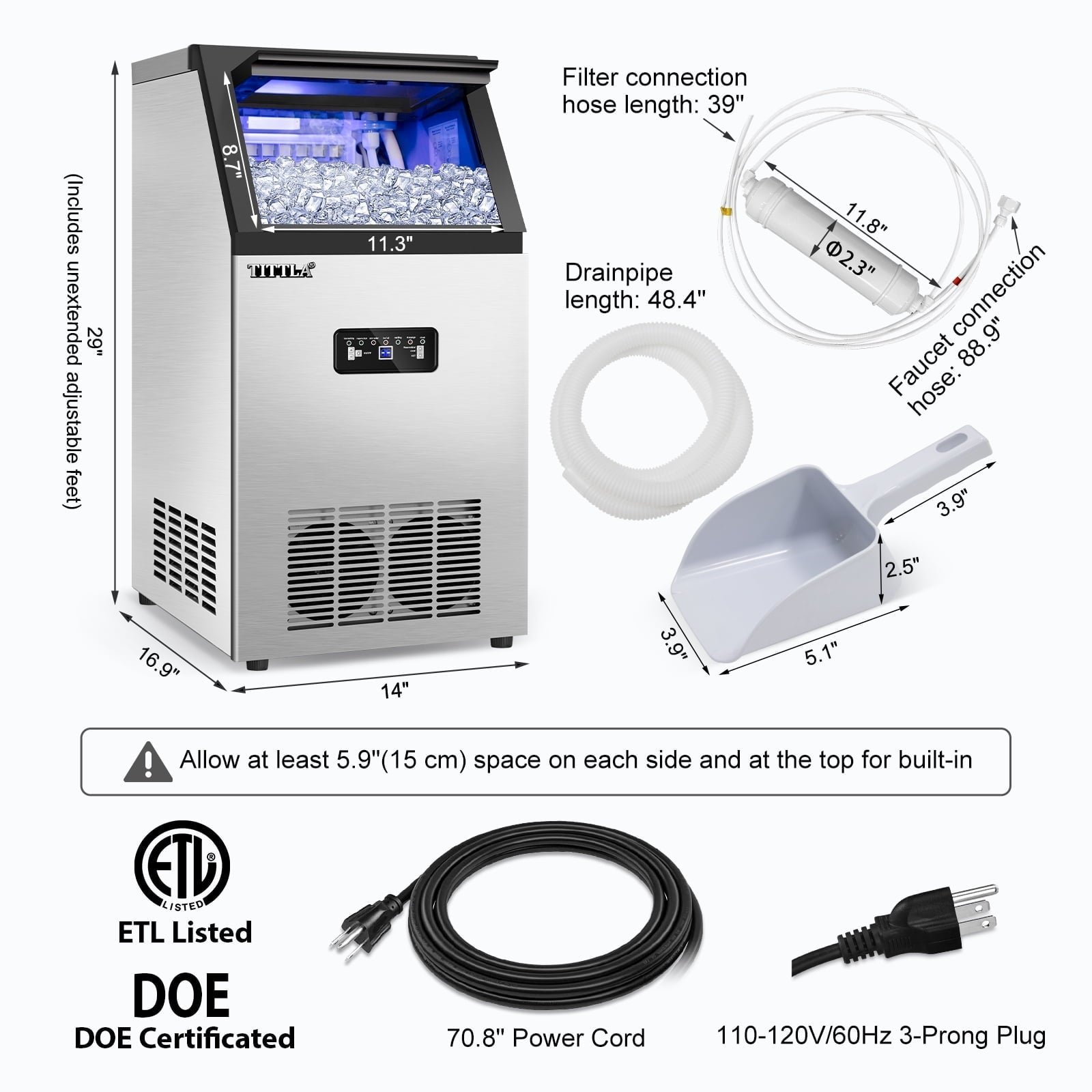 TITTLA 100Lbs/24H Commercial Ice Maker Machine, 24 Lbs Storage, 45 Ice Cubes in 12-15 Mins, Stainless Steel Ice Maker for Home Bar Cafe