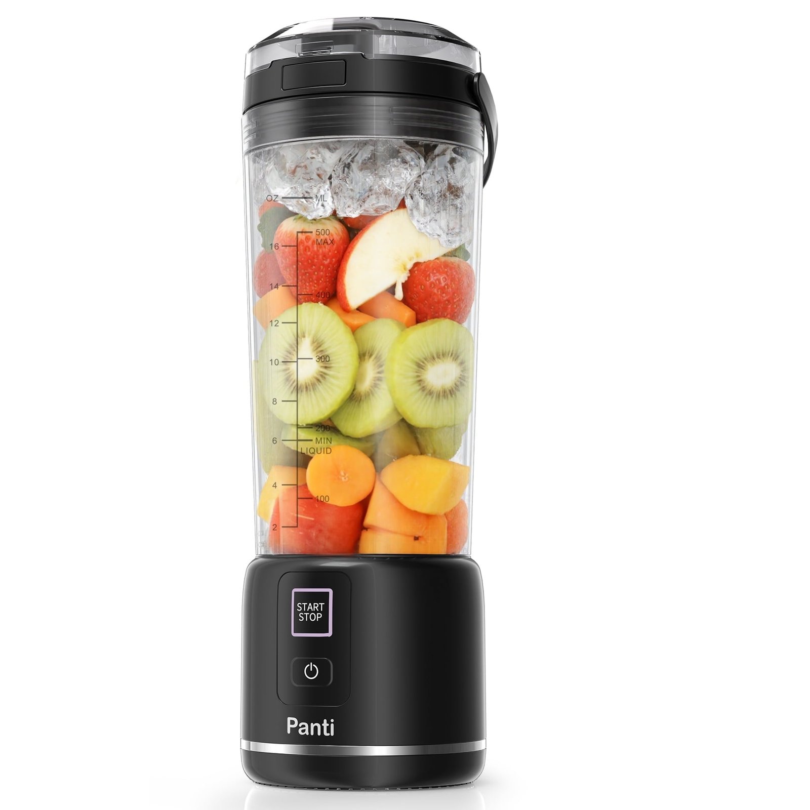 Panti Portable Blender, Cordless, 18oz. USB-C Rechargeable Personal Blender for Shakes & Smoothies, BPA Free, Cover with Handle, USB-C Rechargeable, Dishwasher Safe Parts, Black