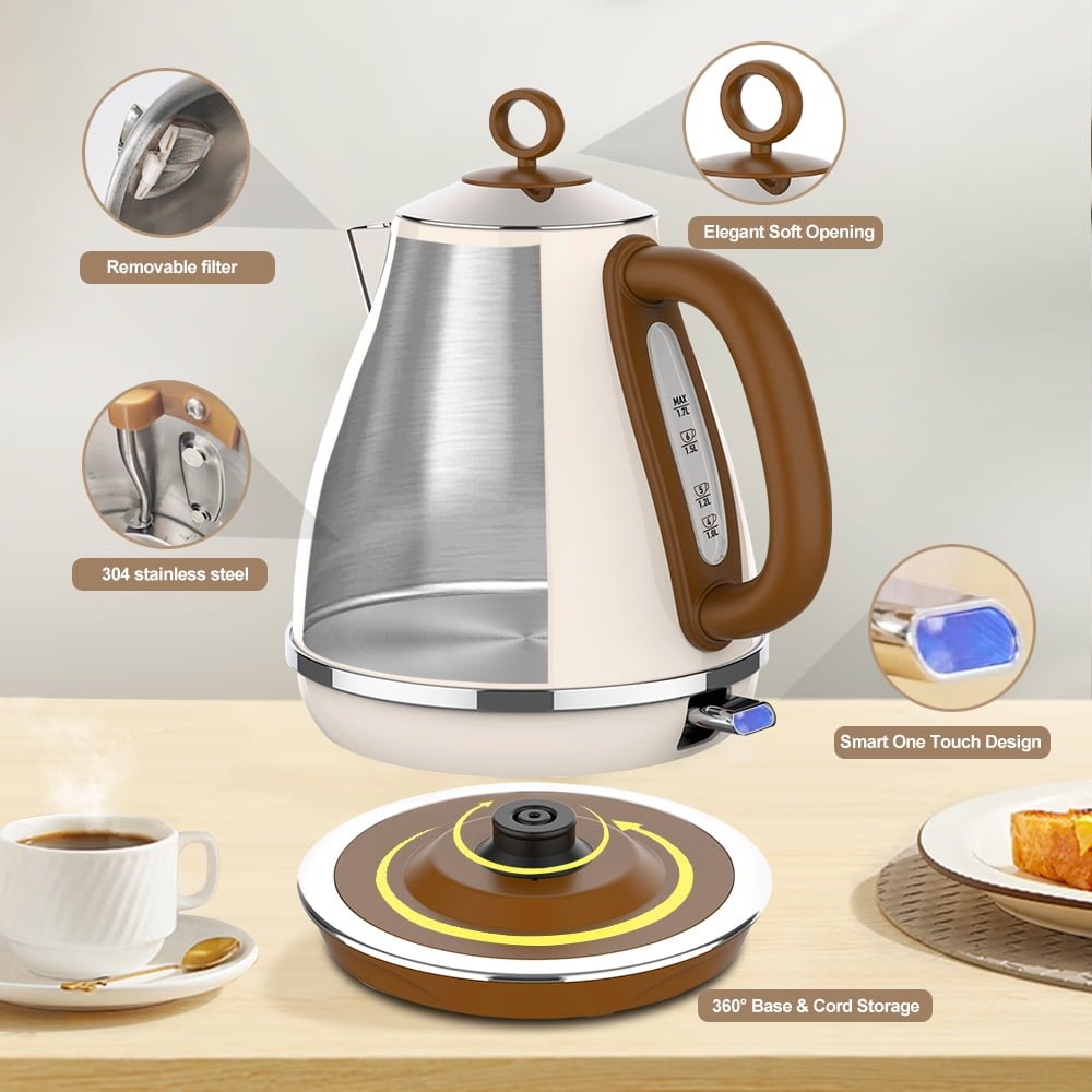 Evoloop 1.7L Electric Kettles, Hot Water Boiler Heater, Stainless Steel Teapot , Auto Shut-Off & BPA Free -- Cream
