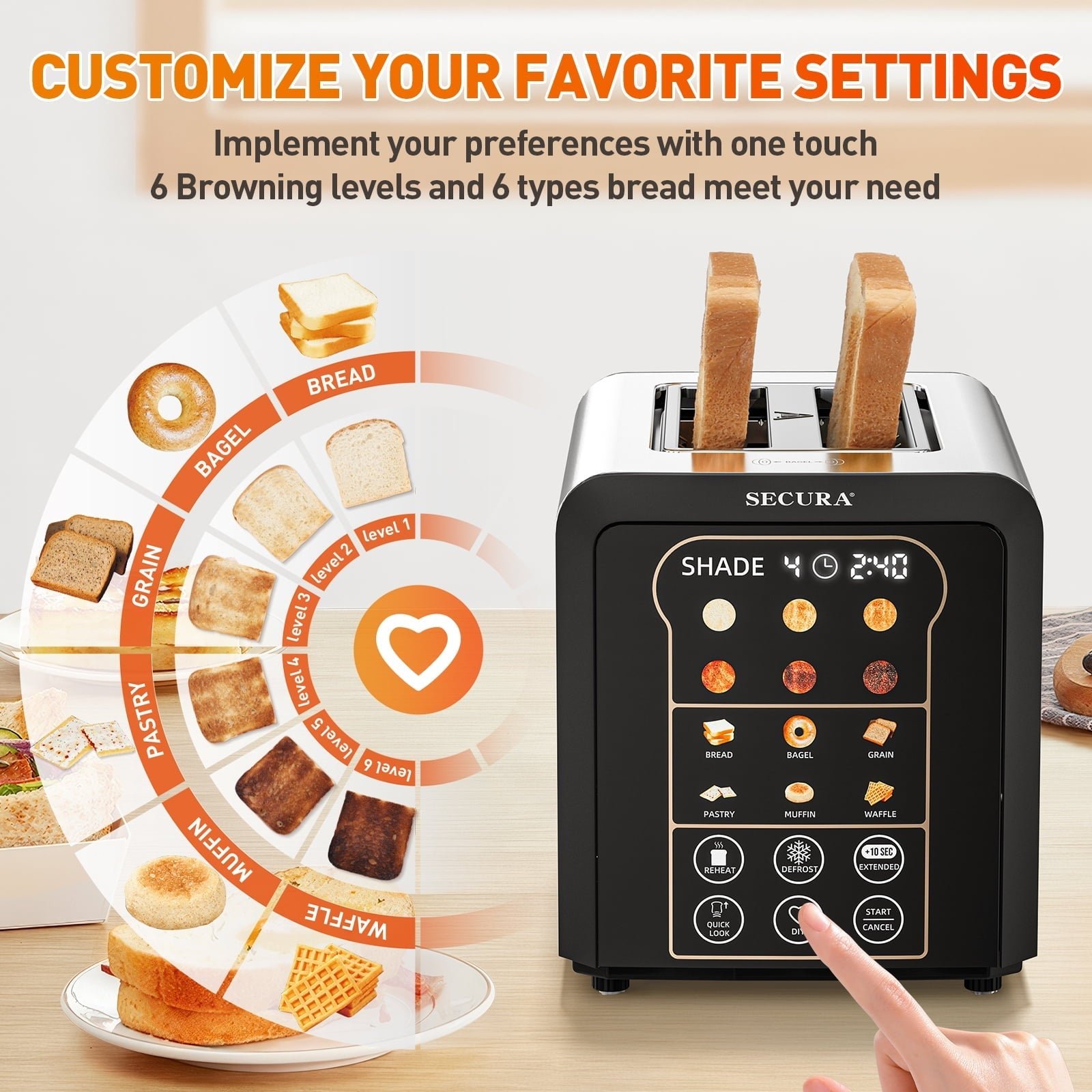 Secura Toaster 2 Slice Smart Toaster with Auto Lift&Lowering Touch Screen, Digital Countdown, Wide Slots for Toasting Bagels Breads Waffles & More 6 Browning Levels Customizable Settings