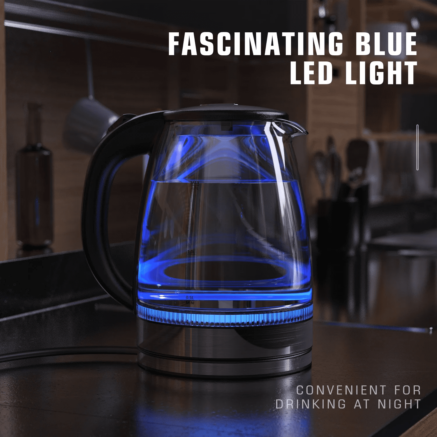 HadinEEon Electric Kettle 1.7L Glass Boiler Electric Tea Kettle with Blue LED Indicator Light, Silver