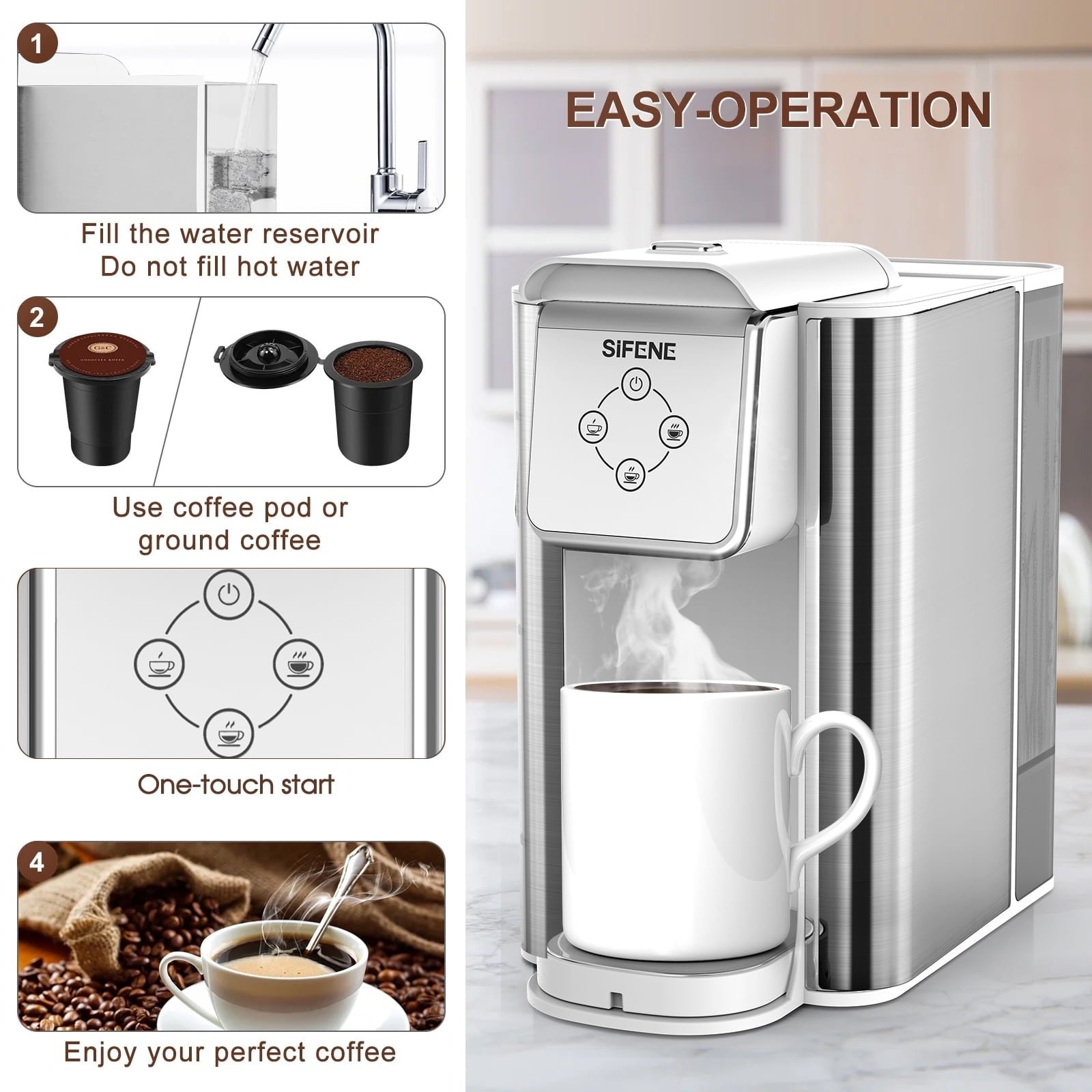 SIFENE 3 in 1 Single Serve Coffee Maker: Coffee Machine Compatible with K Cup Capsules & Grounds, Instant Coffee Pot, Tea Maker Brewer - Removable 50 Oz Water Reservoir, 120V 1150W, Black