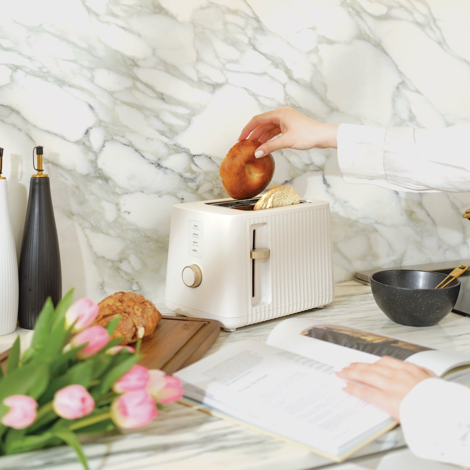 Thyme & Table 2-Slice Toaster, Extra-Wide Slots with Slide-Out Removable Crumb Tray, Sand White