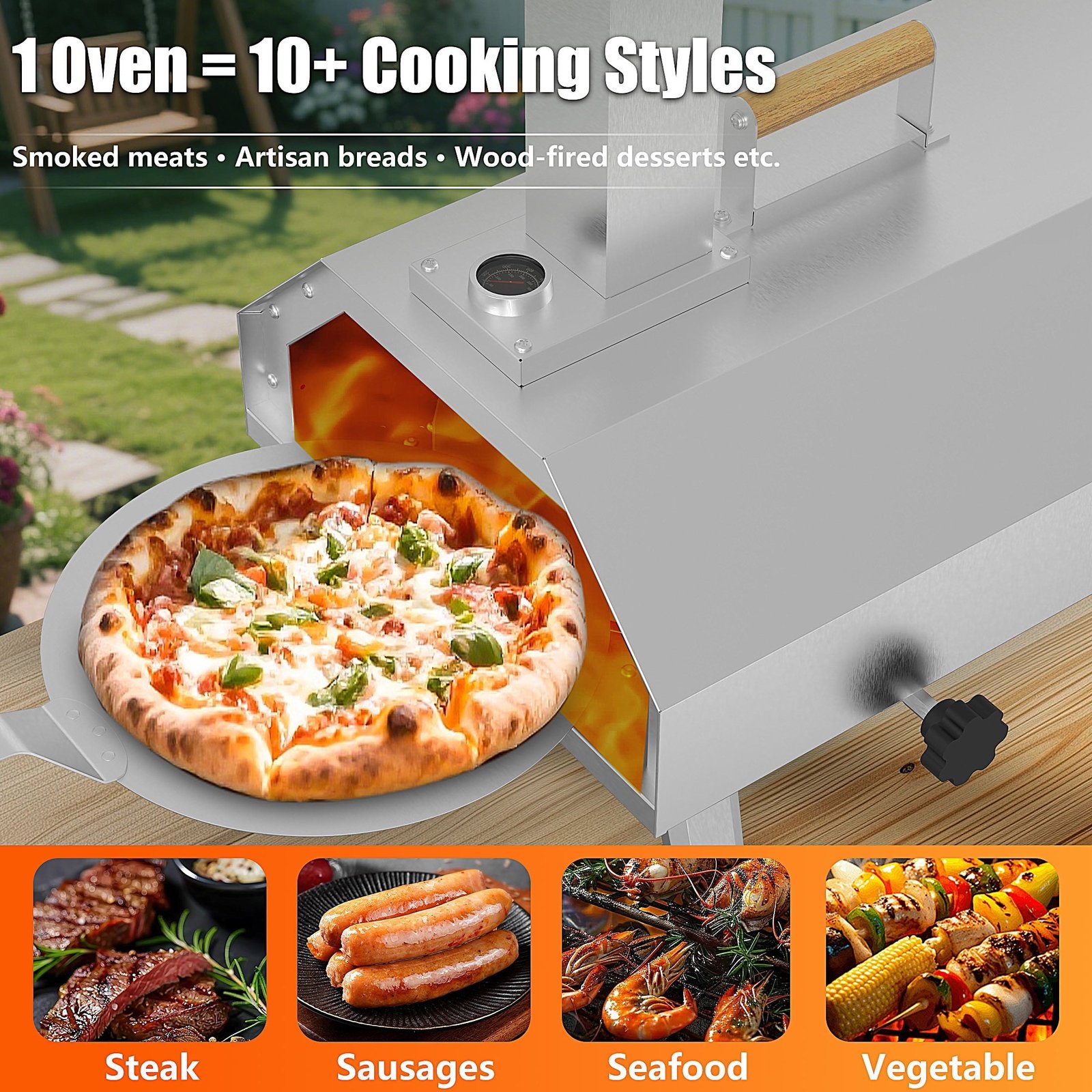 Segmart 12" Wood Fired Pizza Oven Outdoor, Portable Multi-Fuel Pizza Maker with Thermometer, Stainless Steel Cooking Grill with Wood Handle for Backyard, Outside Camping and Picnics