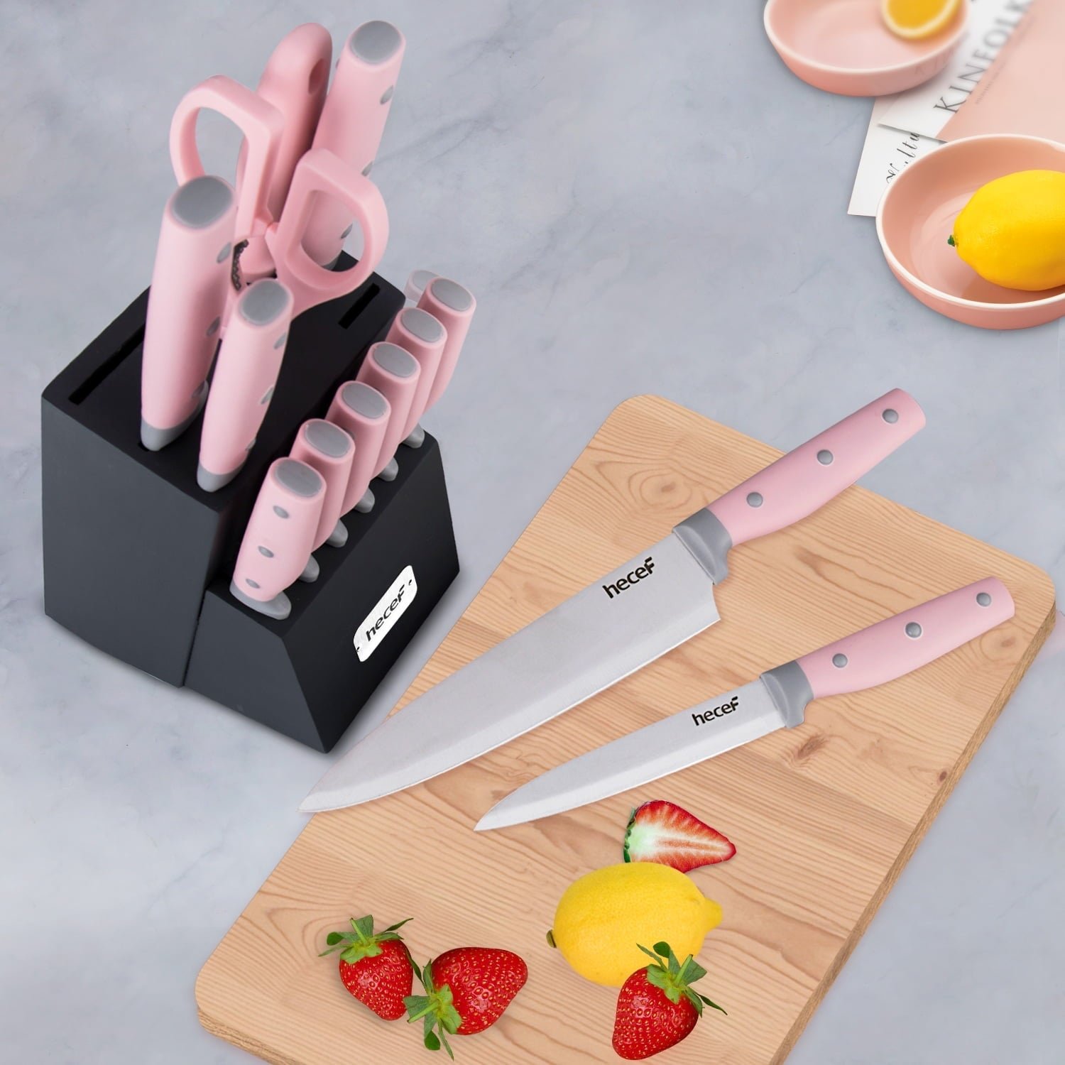 Hecef 14-Piece Pink Knife Set with Block and Sharpener, High Carbon Stainless Steel Kitchen Knives
