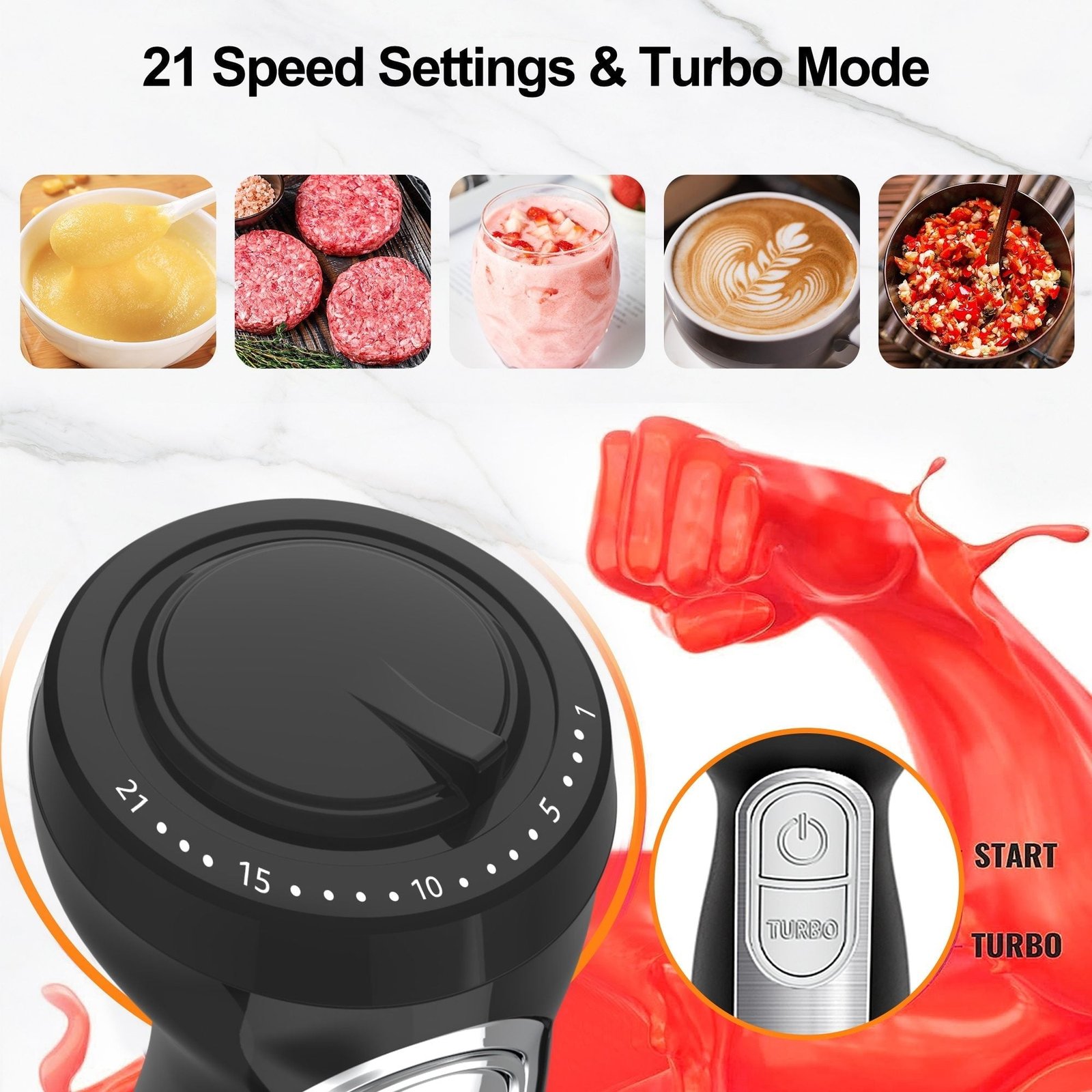 Fatabeta 1100W Immersion Blender, 21-Speed Hand Blender with Turbo Mode, 5-in-1 Stick Blender for Smoothies, Baby Food, Soups, Purees, Black