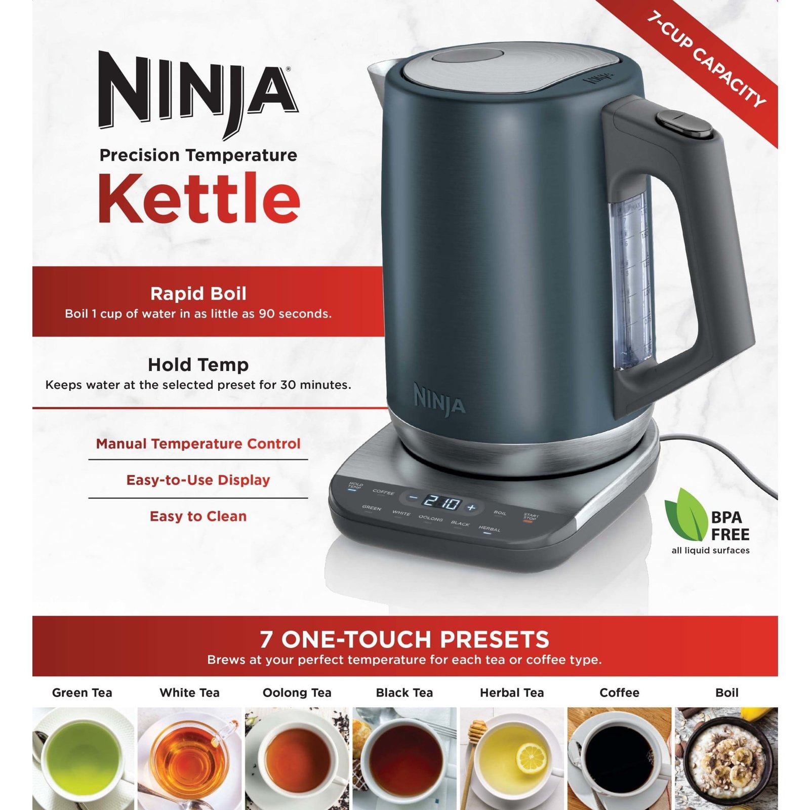 Ninja Precision Temperature Electric Kettle with 7 Presets and Rapid Boil, 7-Cup Capacity, Blue Stainless