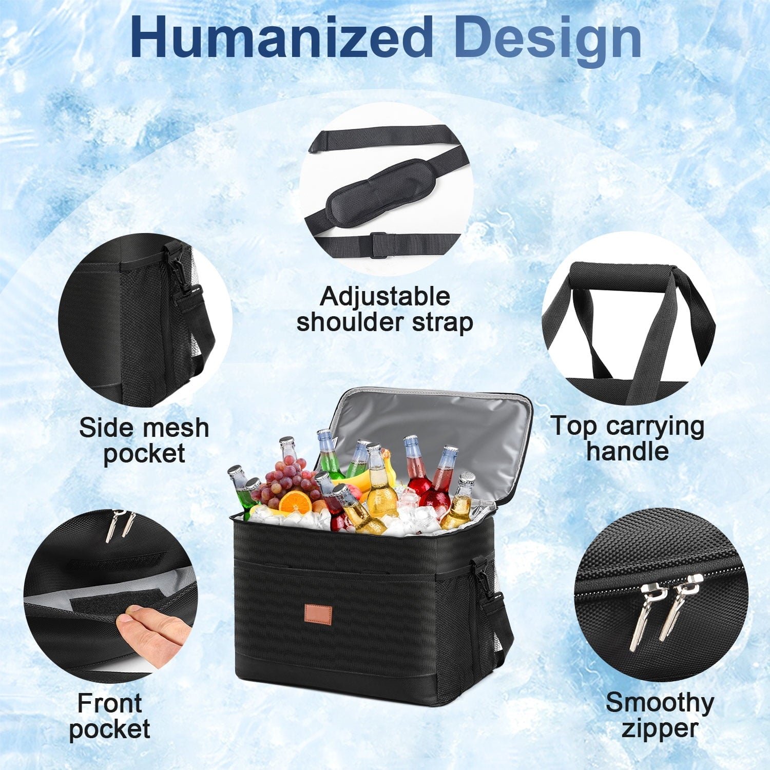 Qunler Extra Large Soft Sided Cooler Bag, 48 Can/30L Leakproof Portable Travel Beach Camping Picnic Insulated Coolers Bag, 37qt, Black