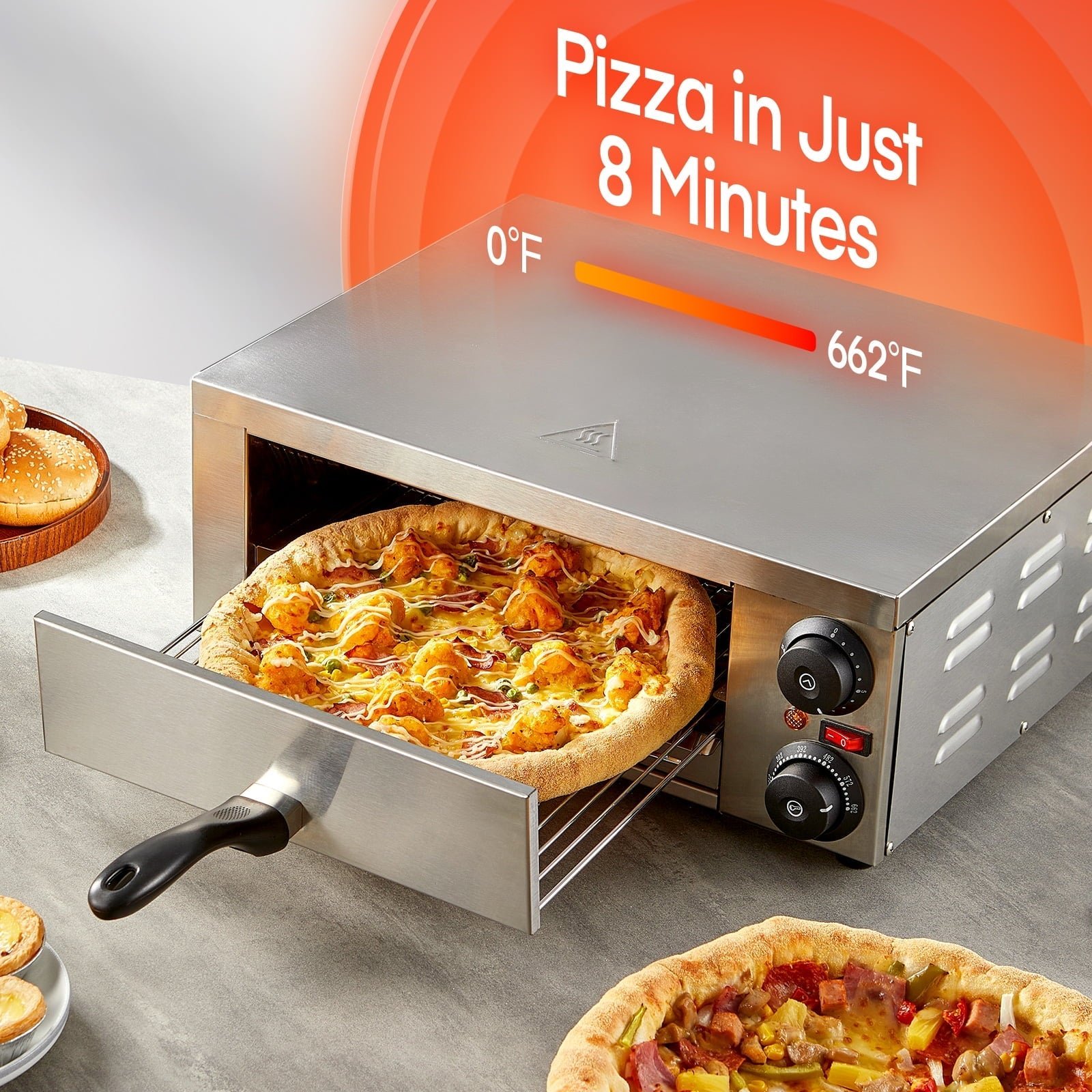 Pizza Oven Countertop, 1500W, 662°F Max Temp with Alert Timer, 12 Inch Multipurpose Pizza Maker for Restaurant, Home, Party