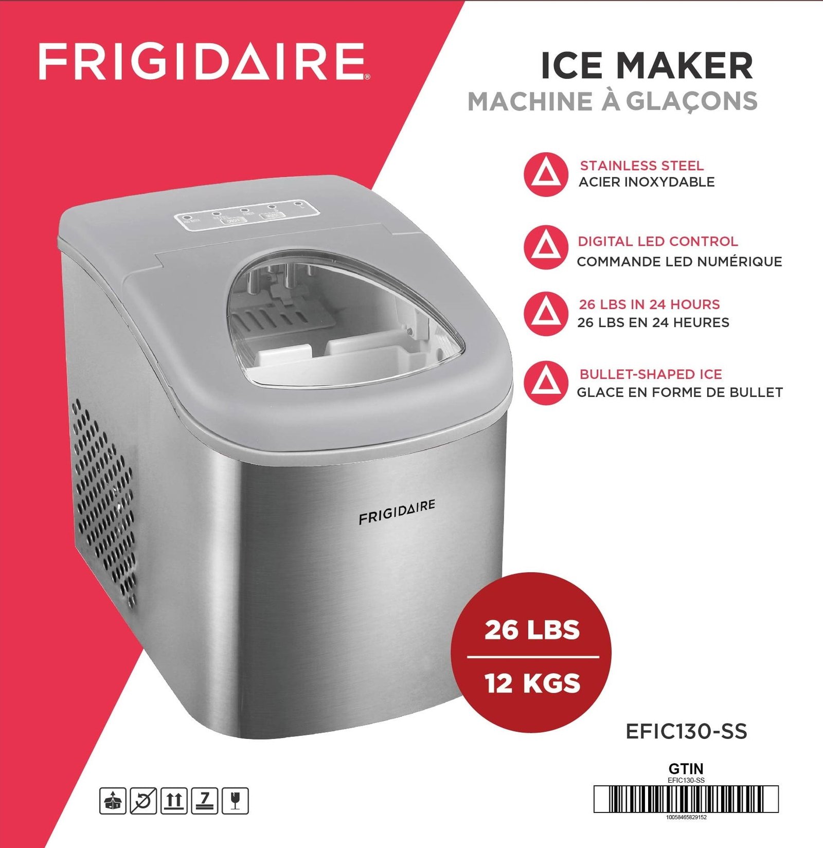 Frigidaire 26 lbs. Ice Maker, Bullet-Shaped Ice, Stainless Steel