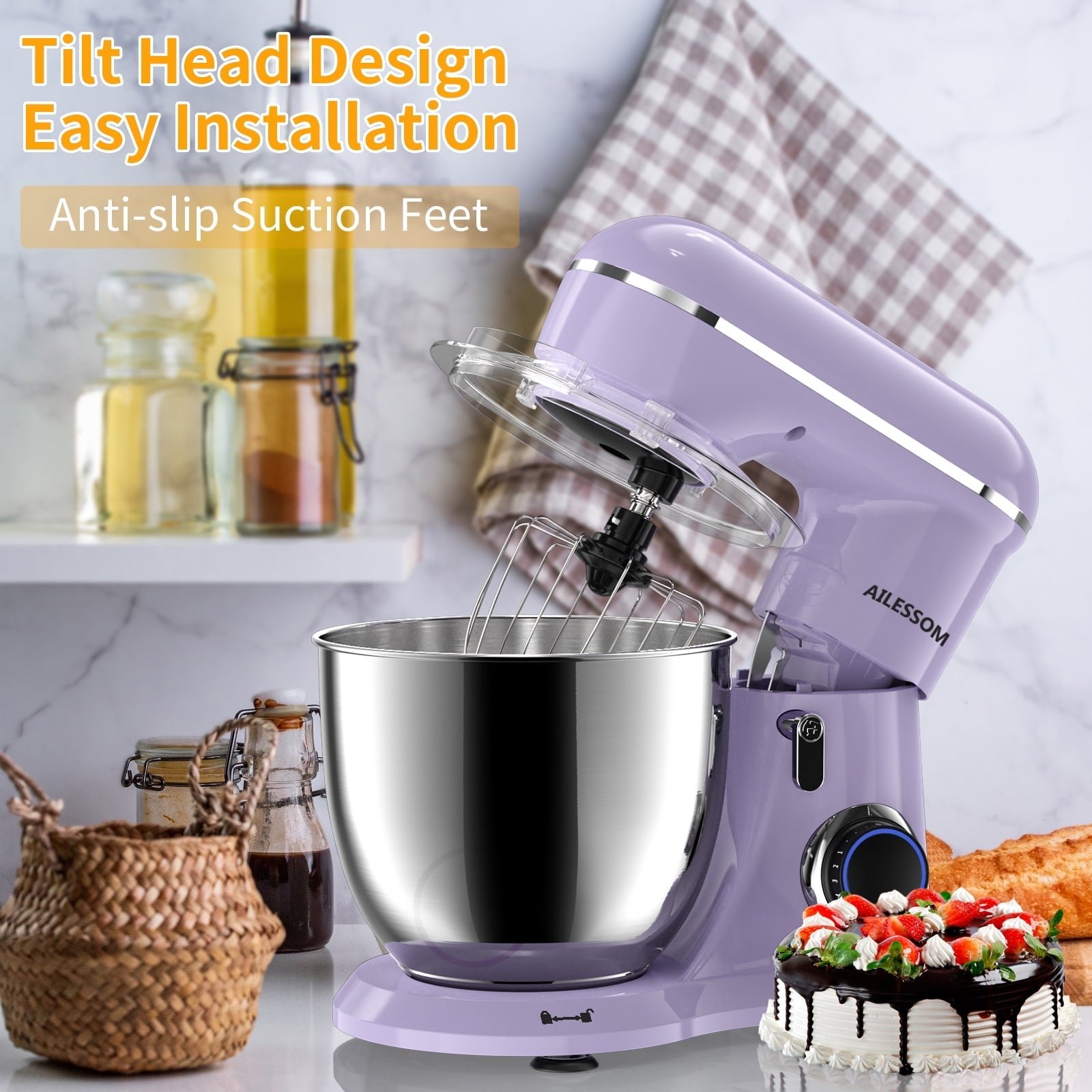 Ailessom New Stand Mixer,6.5-QT 10-Speed Tilt-Head Kitchen Electric Mixer with Bowl, Dough Hook, Beater, Whisk for Most Home Cooks, (Vine Purple)