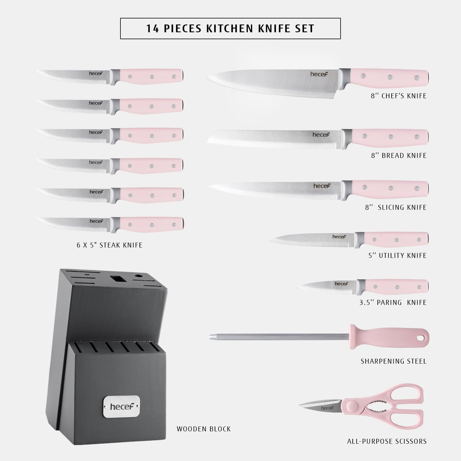 Hecef 14-Piece Pink Knife Set with Block and Sharpener, High Carbon Stainless Steel Kitchen Knives