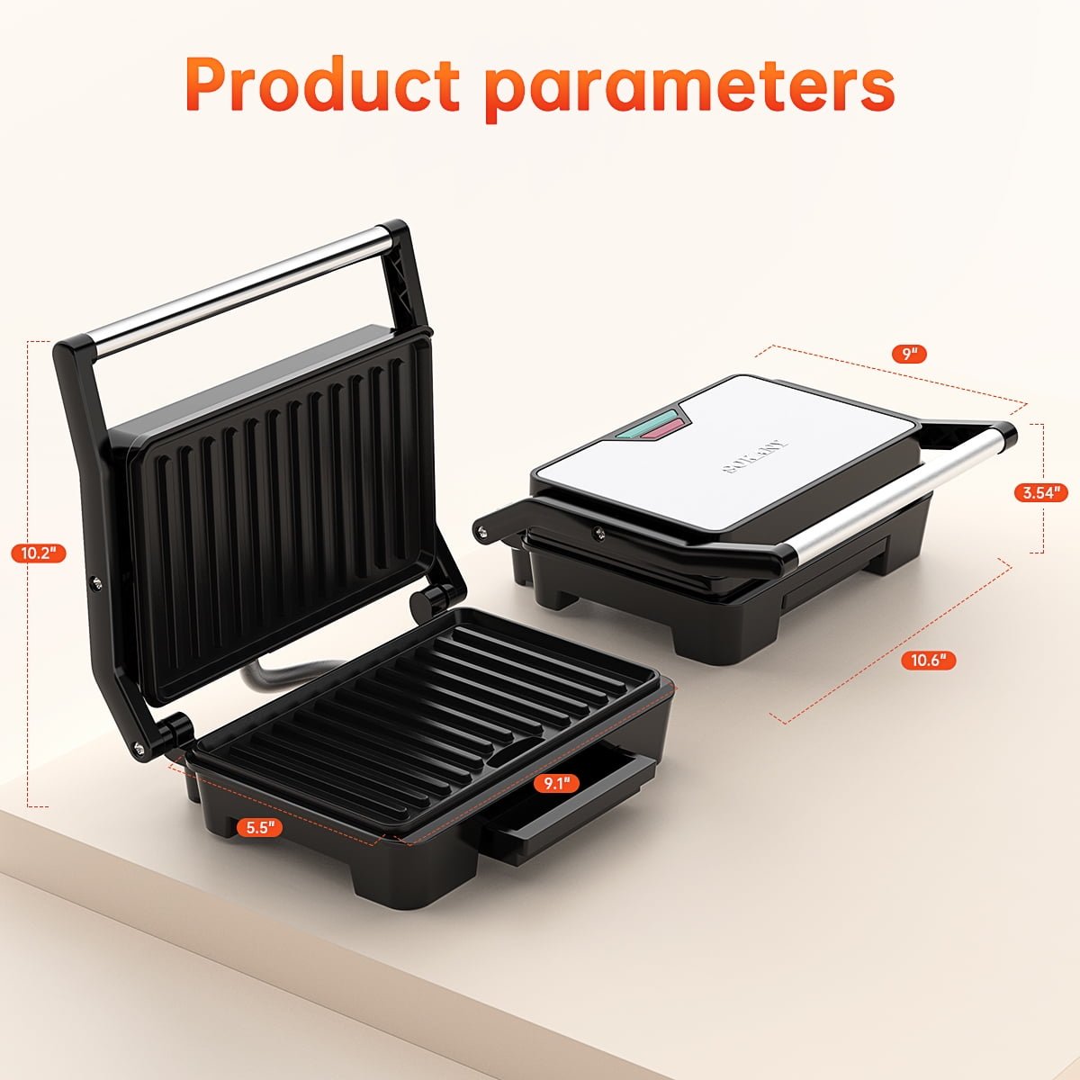 GPED Panini Press Grill, Stainless Steel Sandwich Maker with Double Non-Stick Coated Plates & Removable Drip Tray, 10.6" W x 8.7" H x 3.5" D