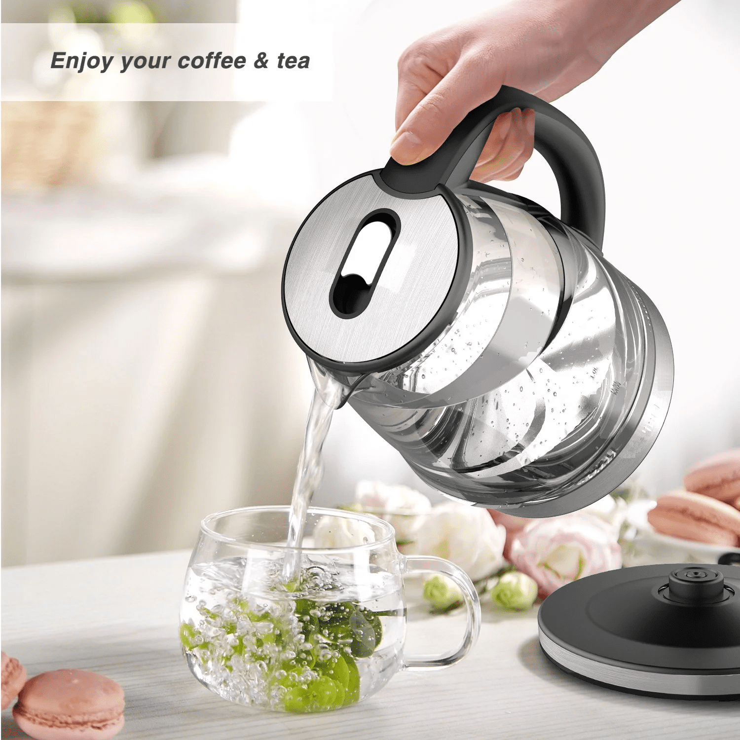 HadinEEon Electric Kettle 1.7L Glass Boiler Electric Tea Kettle with Blue LED Indicator Light, Silver