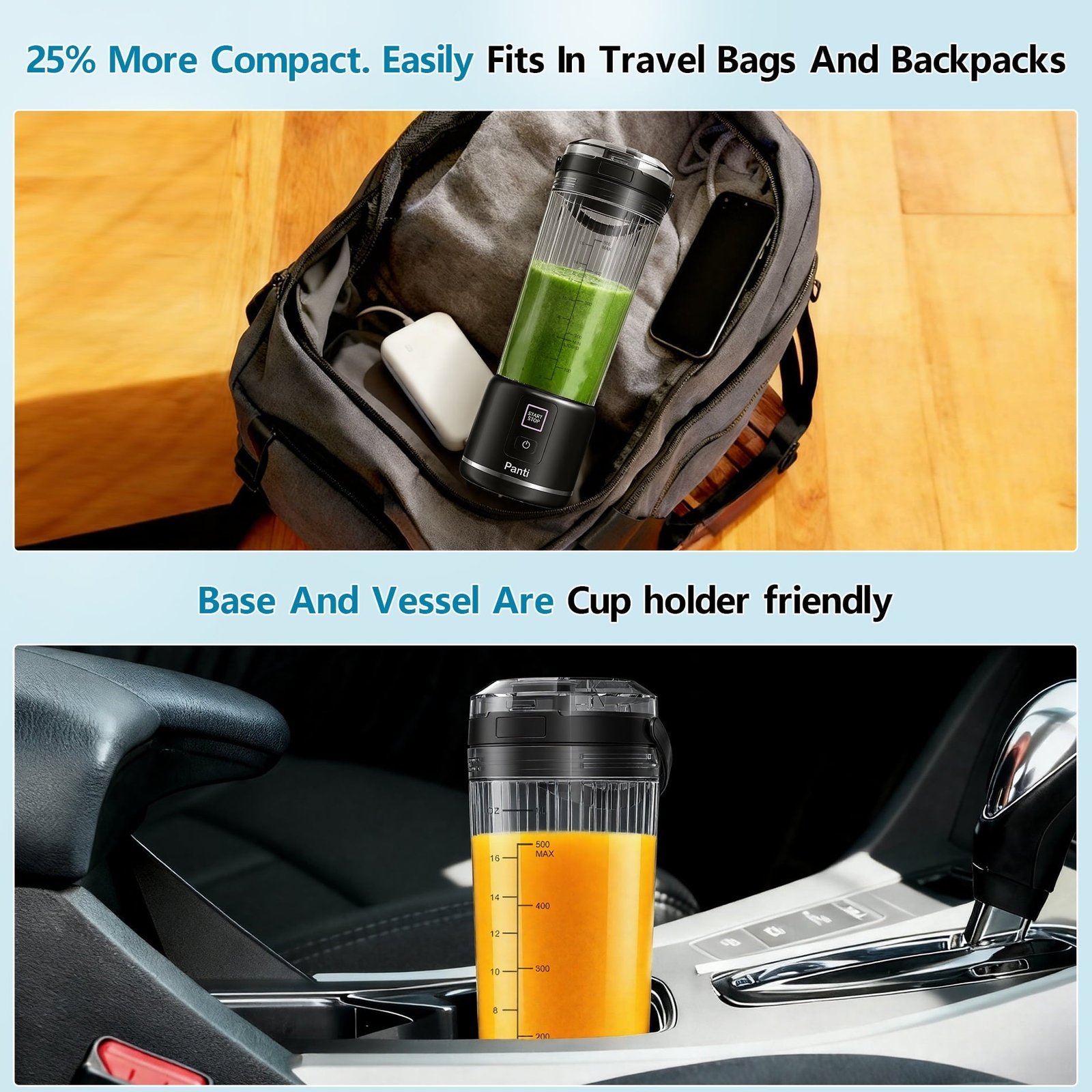 Panti Portable Blender, Cordless, 18oz. USB-C Rechargeable Personal Blender for Shakes & Smoothies, BPA Free, Cover with Handle, USB-C Rechargeable, Dishwasher Safe Parts, Black