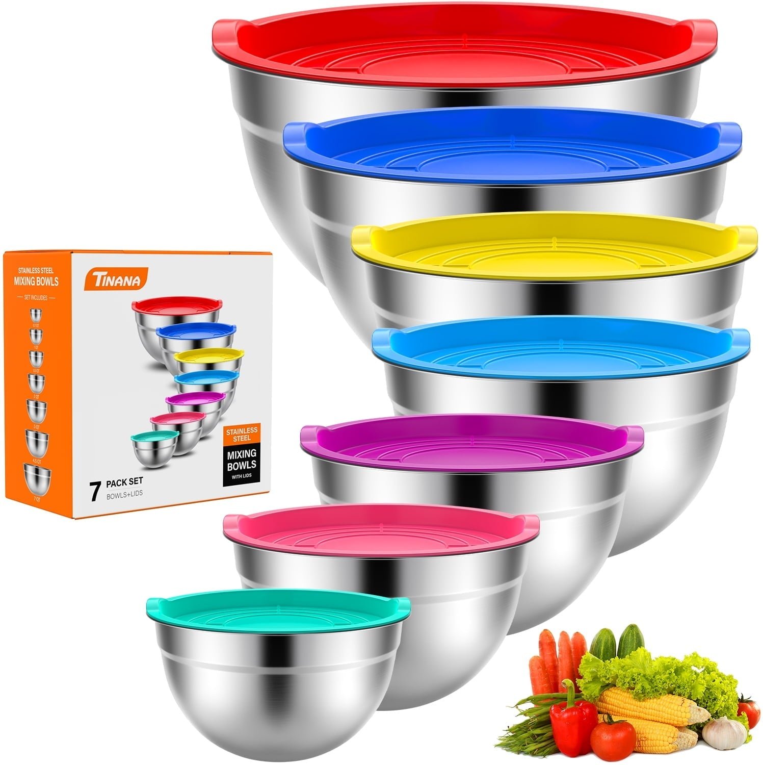 TINANA Mixing Bowls with Lids: 7 Pack Stainless Steel Mixing Bowls Set, Metal Nesting Mixing Bowls for Kitchen, 7/4.5/3.0/2.0/1.5/1.0/0.7QT, Great for Prep, Baking, Serving, Multicolor