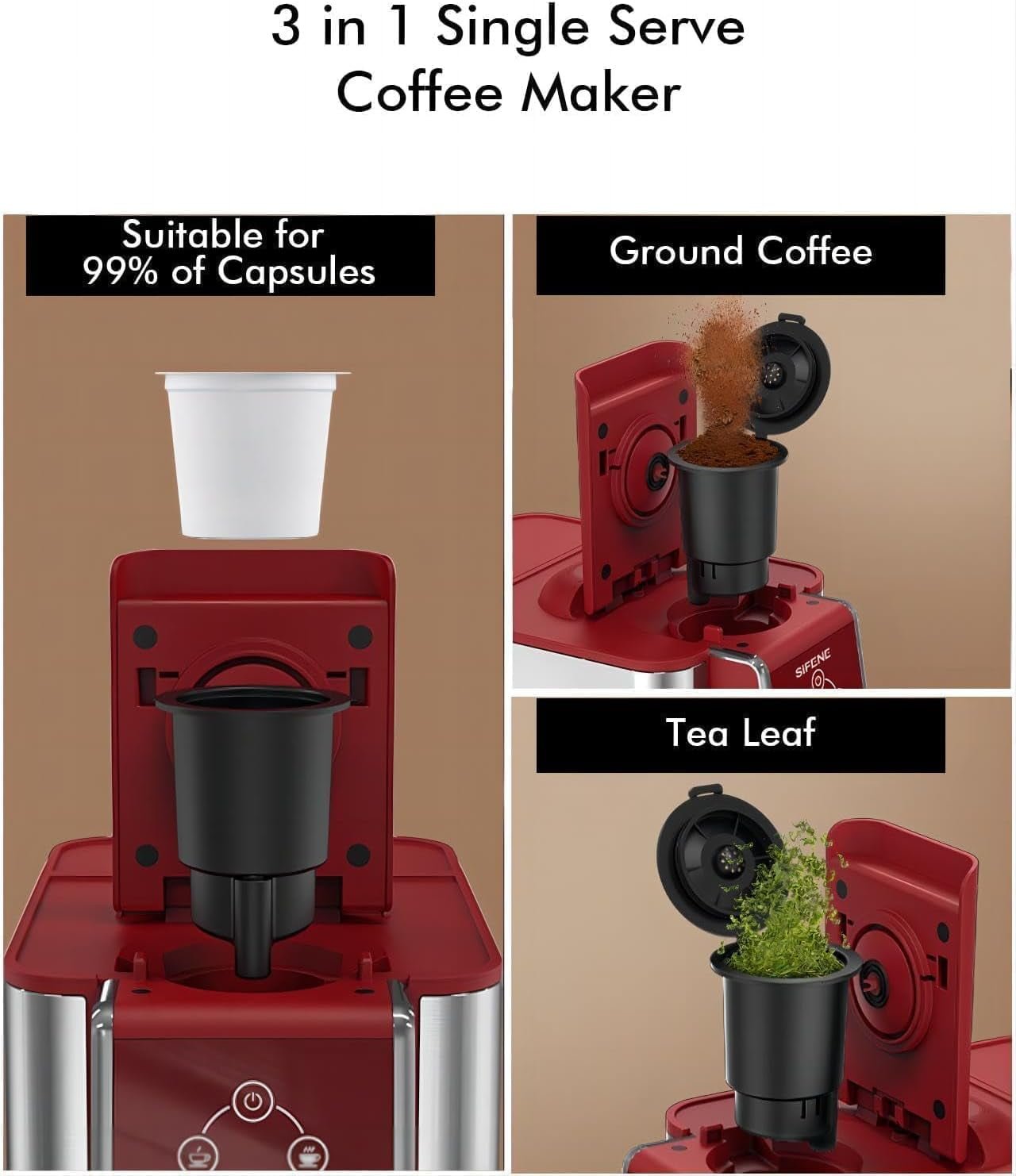 SIFENE 3 in 1 Single Serve Coffee Maker: Coffee Machine Compatible with K Cup Capsules & Grounds, Instant Coffee Pot, Tea Maker Brewer - Removable 50 Oz Water Reservoir, 120V 1150W, Black