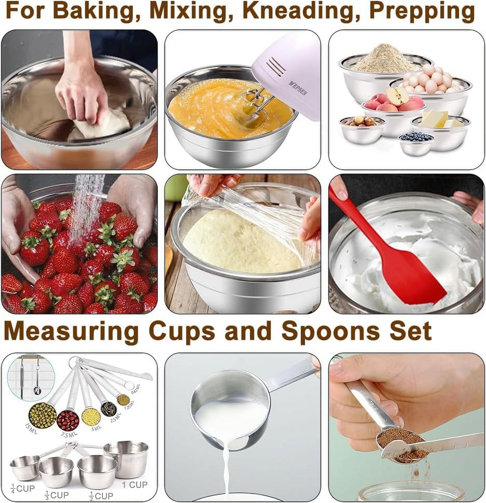 Hand Mixer Electric Mixing Bowls Set, 5 Speeds Handheld Mixer with 5 Nesting Stainless Steel Mixing Bowl, Measuring Cups Spoons 200W Kitchen Blender Whisk Beater Baking Supplies For Beginner