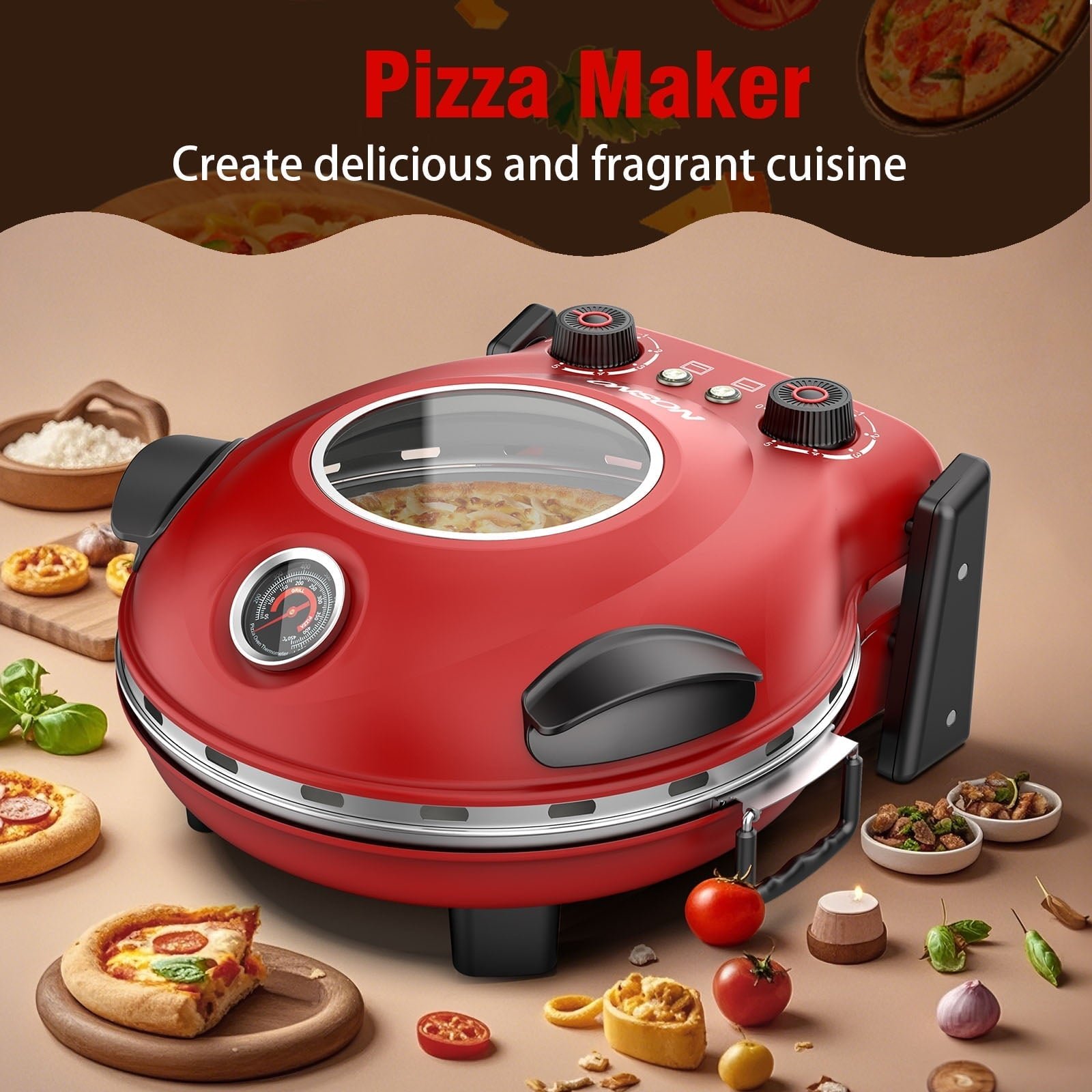 ONSON 12-Inch Pizza Maker with Ceramic Stone, Heats up to 800°F, Countertop Pizza Oven for Home, Red
